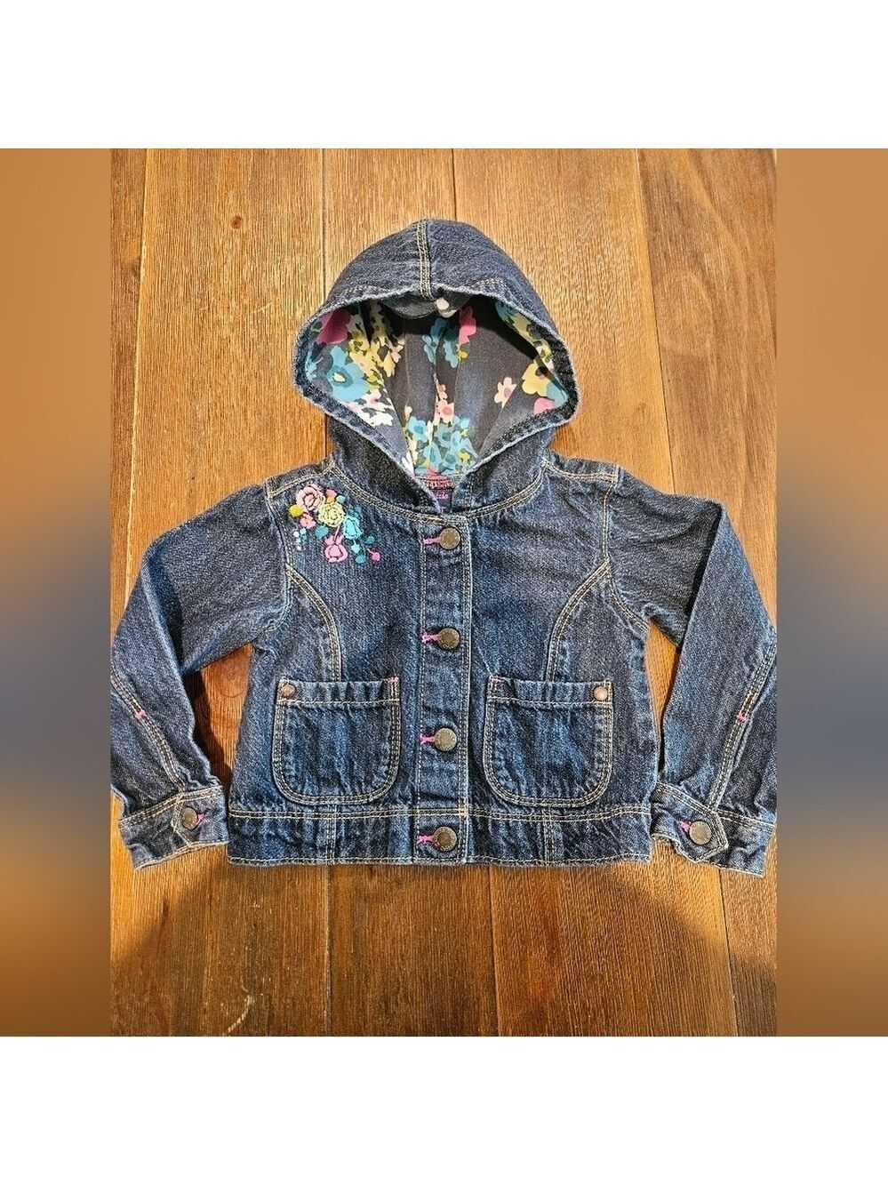 OSHKOSH GENUINE KIDS EMBROIDERED DENIM JACKET FLORAL LINED HOOD SIZE 2T